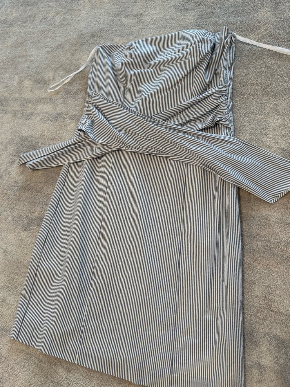 DREW Blue White Pinstripe Strapless Midi Dress Wrap Tie Made in USA XS